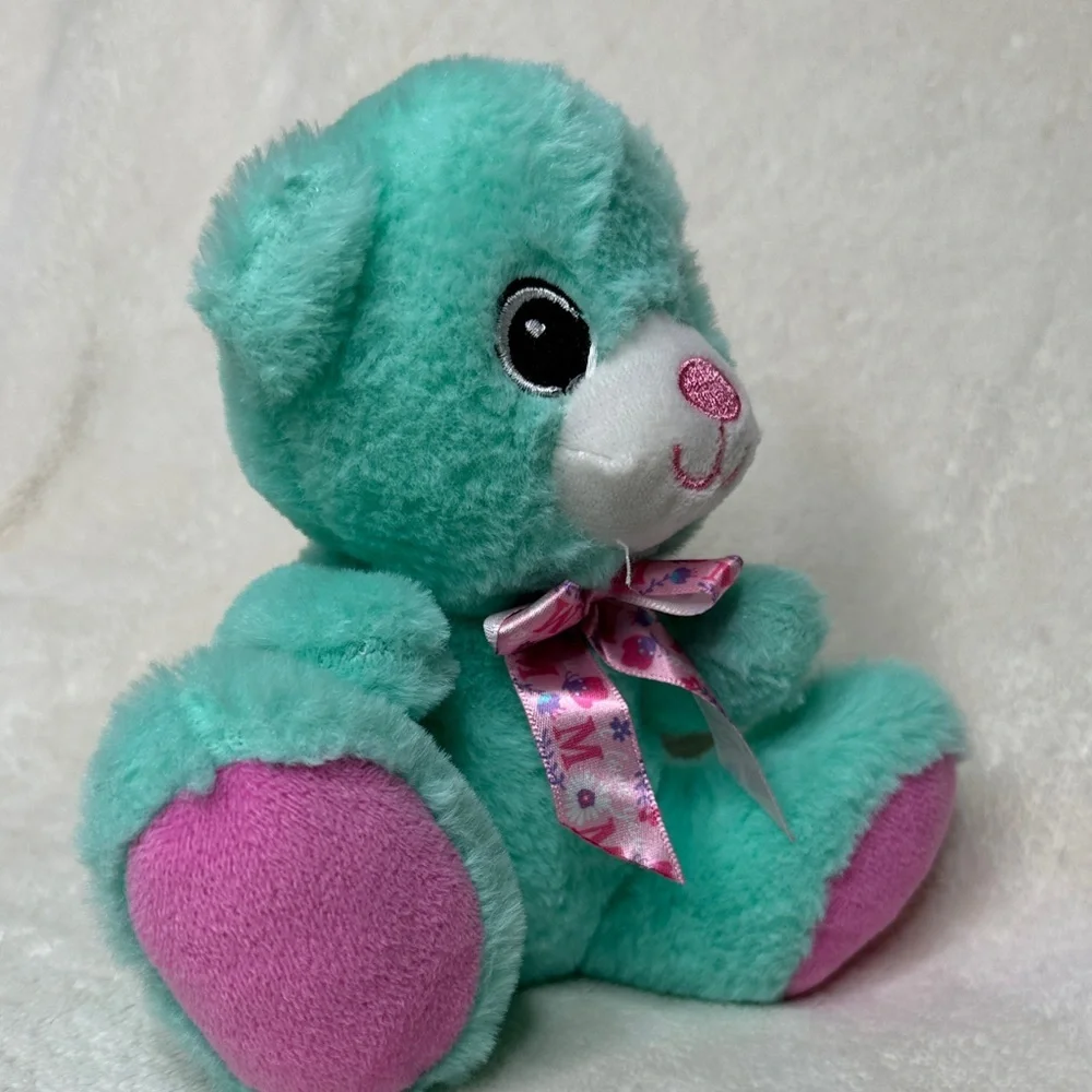Mom I Love You Ribbon Bow Tie Plush Teal & Pink Teddy Bear Bow Ribbon NWOT